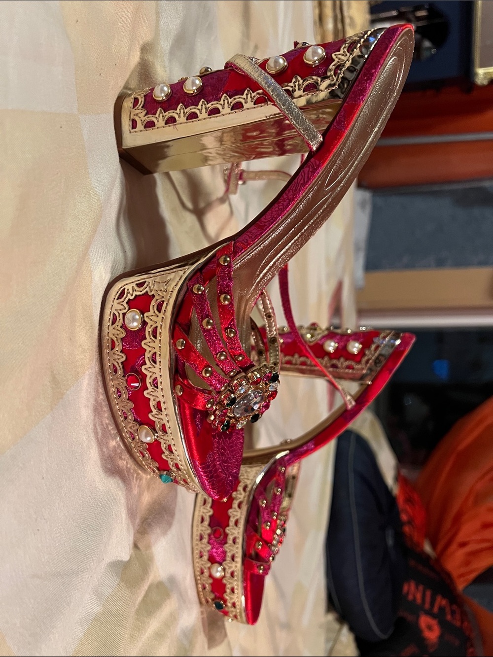 Azalea Wang - Pink Satin Jewel-Embellished Block Heel Sandals